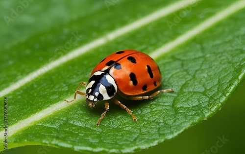 A close-up shot of a ladybug sitting on a green leaf
