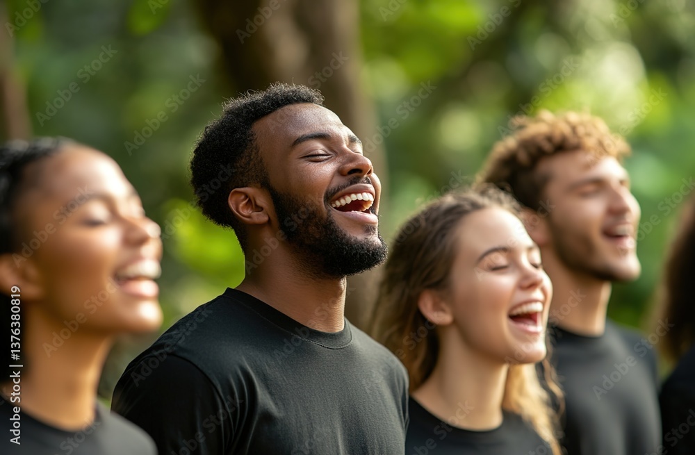 Fototapeta premium A group of young people in matching t-shirts laughing outdoors, blurred green forest background