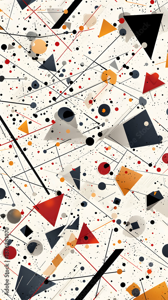 Abstract Geometric Pattern with Red Orange and Black Triangles and Circles on Beige Background Abstract Geometric Pattern with Red Orange and Black Triangles and Circles on Beige Background