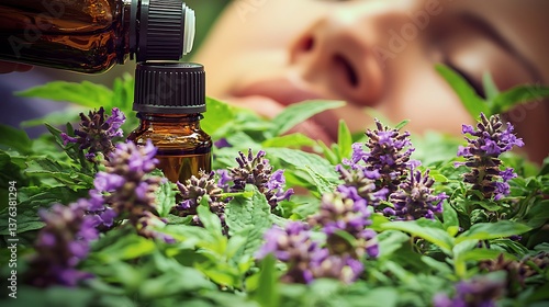 Essence oil drops to bottle over herb blooms; blurry face rests in back. For aromatherapy or topical medicine