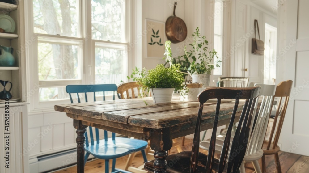 Obraz premium A small farmhouse dining room with a wooden table and mismatched chairs.