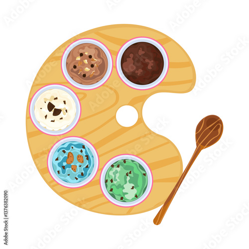 Vector illustration set of colorful ice cream in paper cups with chocolate, vanilla, cookie, chocolate mint, strawberry, different flavors. Top view, isolated on color plate. For dessert menu design.