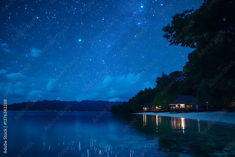 Obraz premium pond under starry sky dressed with shining stars night creatures and a mood that calls for quiet thought 