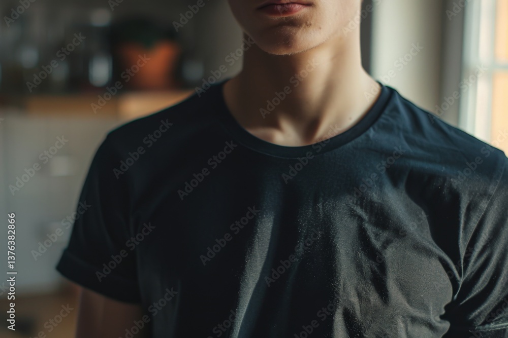 close up of black t shirt being worn by a young man close up at home close up of black t shirt being worn by a young man close up at home