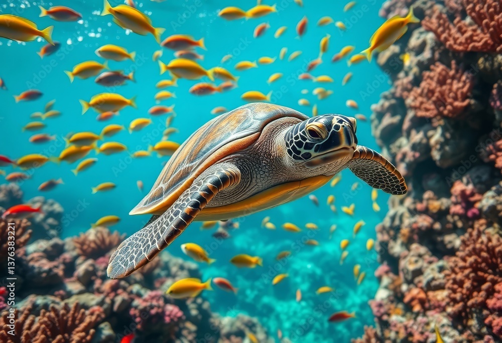 Naklejka premium Majestic Sea Turtle Gracefully Navigating a Vibrant Coral Reef Ecosystem Surrounded by a School of Colorful Fish