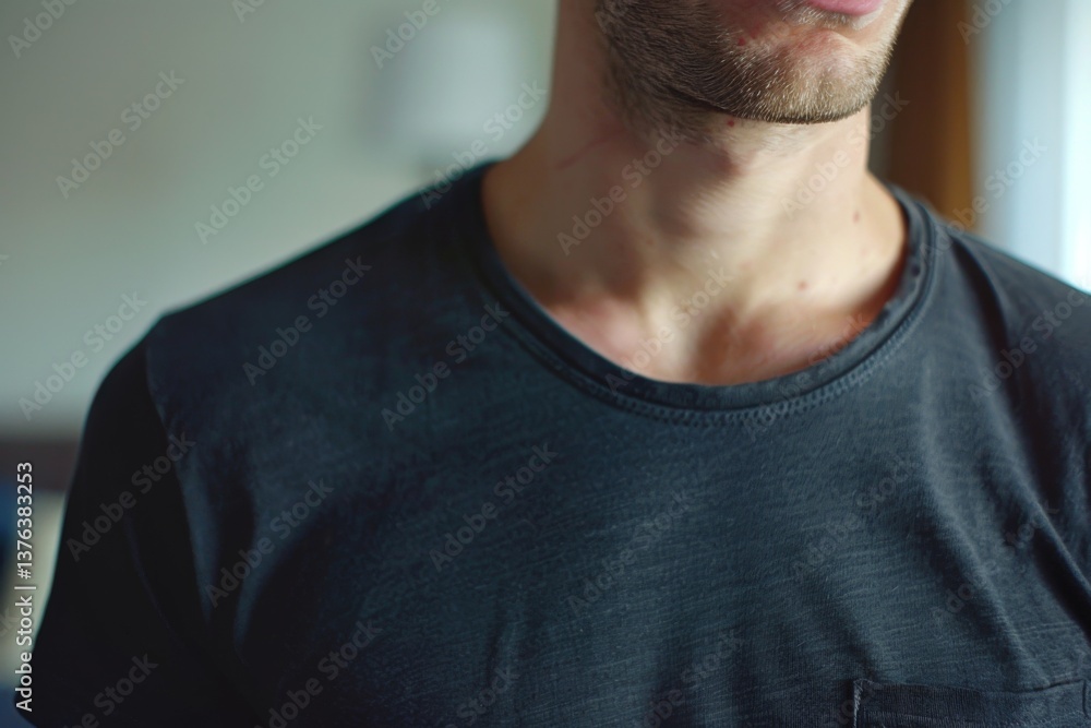 Fototapeta premium close up of black t shirt being worn by a young man close up at home
