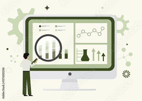 Data Analytics Scientific Research Dashboard Illustration. Professional analyzing graphs and scientific data on a computer dashboard with laboratory flask icon and statistical charts. Vector