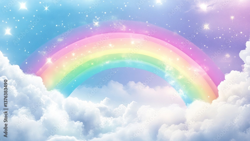Fantasy Sky with Rainbow Shining Above Clouds and Sparkling Stars Fantasy Sky with Rainbow Shining Above Clouds and Sparkling Stars