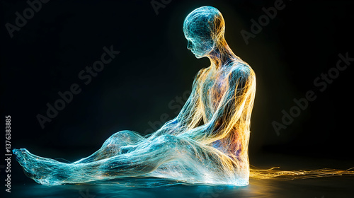Representation of human consciousness depicted as a glowing figure surrounded by luminous energy in a dark space