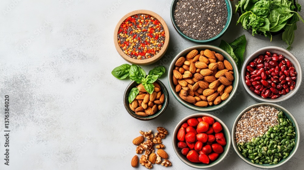 Flat lay of a healthy superfood bowl overflowing with nuts, seeds, and colorful ingredients for a nutrient-packed meal Flat lay of a healthy superfood bowl overflowing with nuts, seeds, and colorful ingredients for a nutrient-packed meal