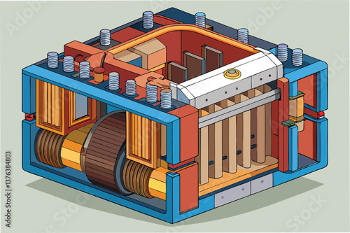 Detailed vector illustration of an electric motor showing components like windings, stator, and rotor in a technical design