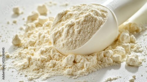 Scoop of Whey Protein Powder on Clean White Surface