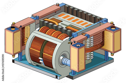Detailed vector illustration of an electric motor showing components like windings, stator, and rotor in a technical design