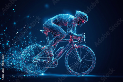 Digital sports technology concept of glowing blue wireframe of a cyclist pedaling bicycle in neon blue light