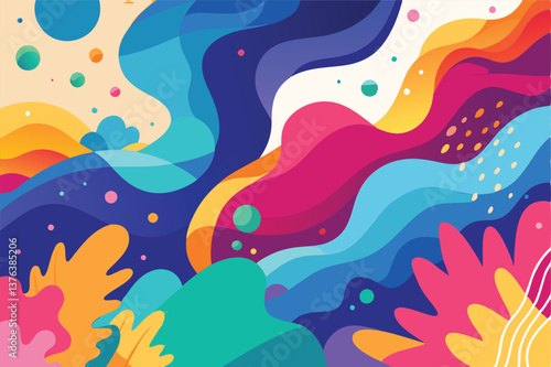 Colorful sunset over abstract waves and vibrant foliage in a vector illustration capturing the beauty of nature and artistic expression in a whimsical landscape