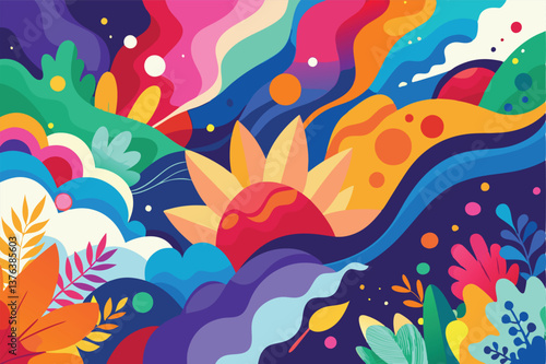 Colorful sunset over abstract waves and vibrant foliage in a vector illustration capturing the beauty of nature and artistic expression in a whimsical landscape