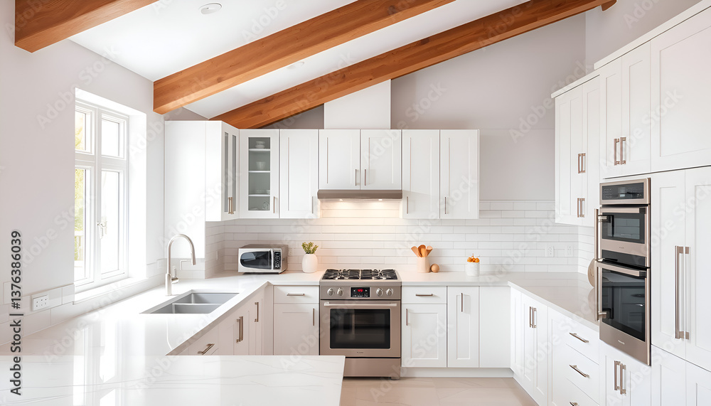 Fototapeta premium Modern White Kitchen with Wooden Beams - Bright and Clean Kitchen Interior Design
