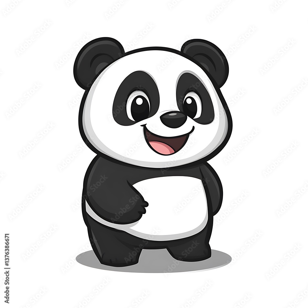 Fototapeta premium Cute cartoon panda standing, happy expression, simple white background, suitable for kids' products