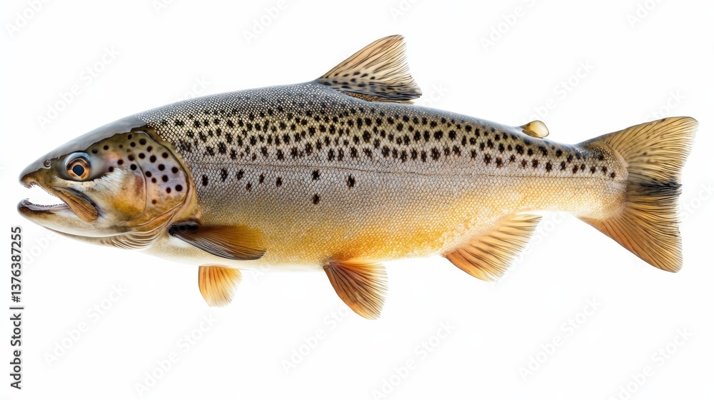 A Detailed Close up of a Brown Trout Fish Isolated on White Background Perfect for Culinary or Fishing Industry Use A Detailed Close up of a Brown Trout Fish Isolated on White Background Perfect for Culinary or Fishing Industry Use