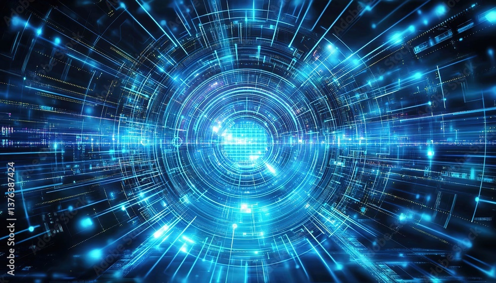 A sci-fi digital portal with a bright blue glowing center, surrounded by complex digital circuits and light effects A sci-fi digital portal with a bright blue glowing center, surrounded by complex digital circuits and light effects