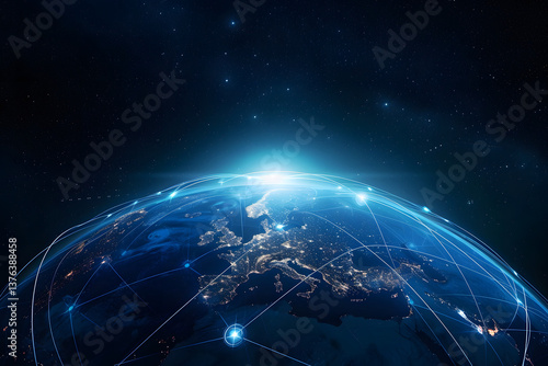The Planet Earth Surrounded by Light Trail Networks And Communications Technology
