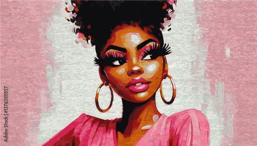 Glamorous African woman on a pink background. Cartoon style. Vector graphics. EPS.