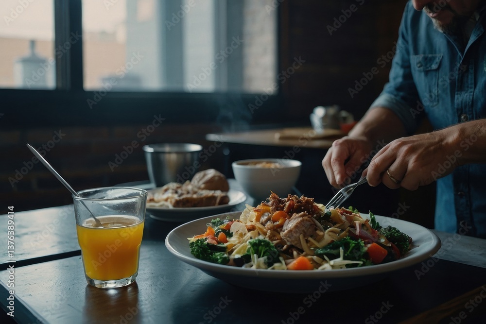 Preparing a hearty gourmet salad with fresh vegetables and savory meat in a dimly lit restaurant setting Preparing a hearty gourmet salad with fresh vegetables and savory meat in a dimly lit restaurant setting