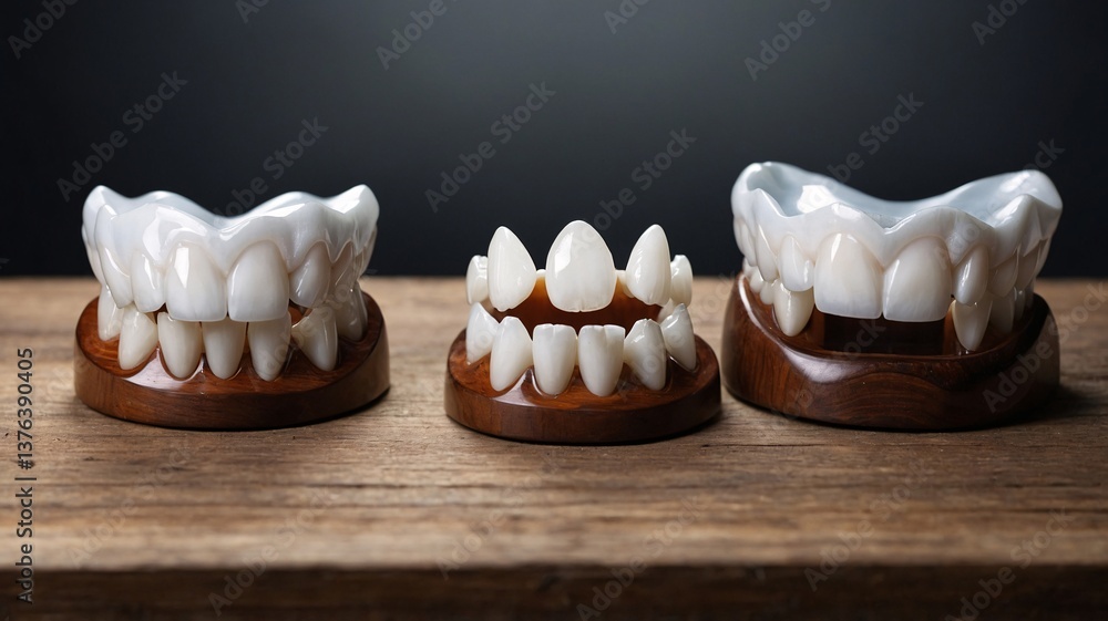 Close-up of three ceramic dental models showcasing different tooth designs on wooden bases, highlighting dental artistry. Close-up of three ceramic dental models showcasing different tooth designs on wooden bases, highlighting dental artistry.