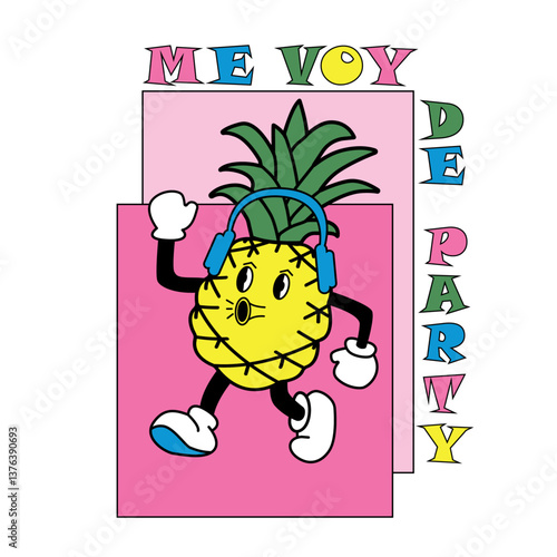 Una piña de dibujos animados con auriculares canta una canción. Me voy de party