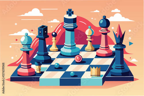 Vector illustration of a vibrant chessboard featuring various chess pieces in a modern style, set against a light background with abstract elements