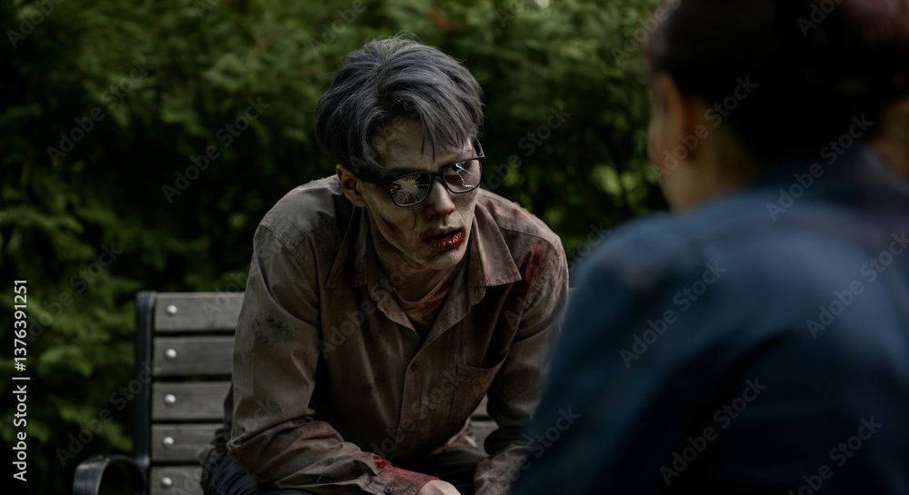Obraz premium Asian male zombie encounter with female in park setting