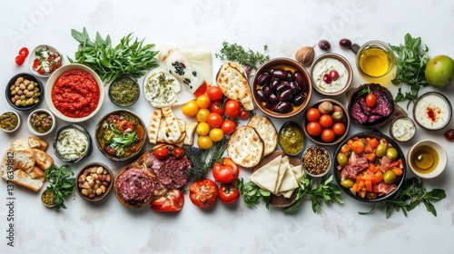 A flat lay of a vibrant mediterranean mezze spread featuring a variety of delicious foods for sharing and enjoyment
