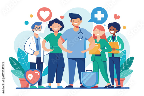Healthcare professionals collaborating in a modern medical office setting with diverse team members