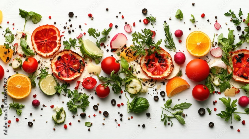 Vibrant flat lay composition of fresh fruits and vegetables including colorful peppers and juicy tomatoes for health Vibrant flat lay composition of fresh fruits and vegetables including colorful peppers and juicy tomatoes for health