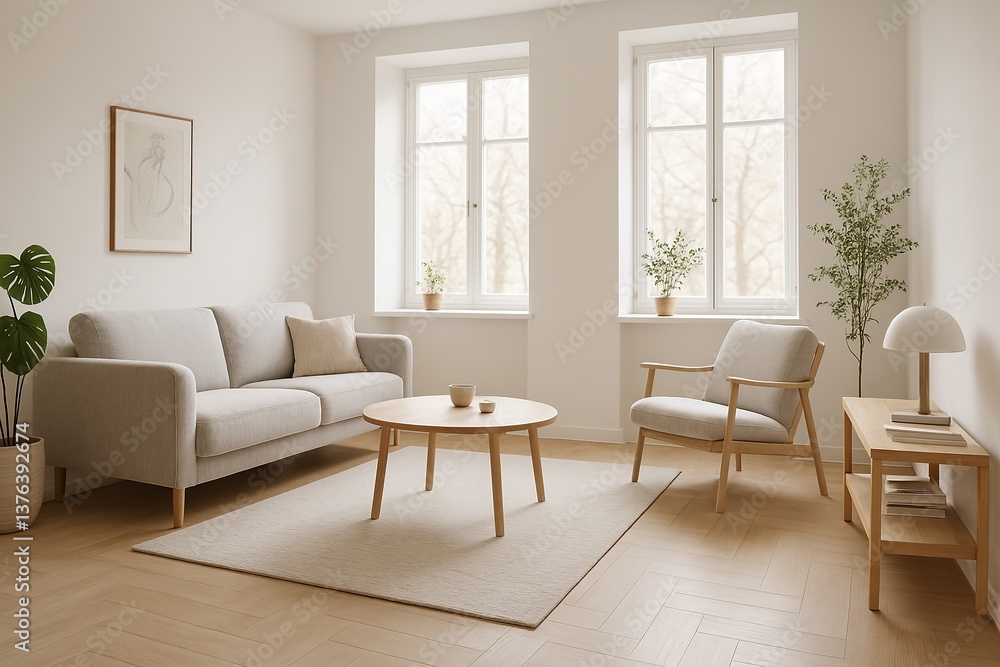 Fototapeta premium Bright living room with neutral tones, natural wood furniture, a light gray sofa, accent chair, and view to the outside.