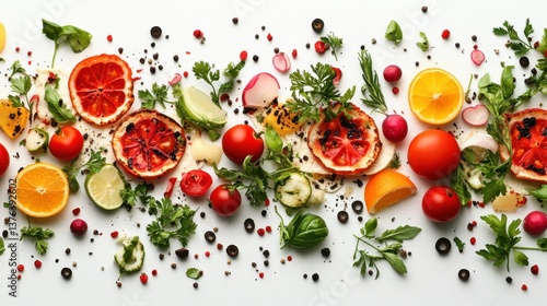 Vibrant flat lay composition of fresh fruits and vegetables including colorful peppers and juicy tomatoes for health