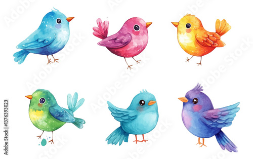 Watercolor set of cute colorful birds. Set of small colorful birds. Vector illustrations of birds for postcards, posters, banners. Birds isolated on white background