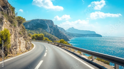 Driving Scenic Coastal Road with Mountain Views and Sparkling Blue Sea