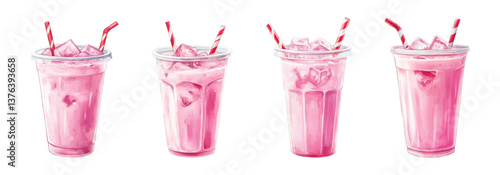 Watercolor set of berry shakes in a plastic cup with straws. Berry drink made of raspberries, cherries, strawberries, etc. with ice cubes. Refreshing sweet summer drinks