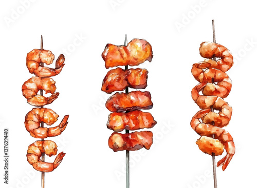 Wooden skewers with shrimps and grilled fish watercolor. Fried grilled shrimps and pieces of fish put on skewers. Seafood barbecue. Seafood concept. Vector illustration.