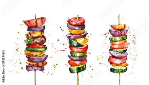 Set of skewers with grilled vegetables watercolor. Watercolor kebabs with meat and vegetables cooked on fire. Vegetable and meat dishes on the grill. Concept of barbecue, picnic and rest. 