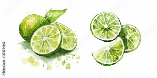Watercolor lime set. Whole fruit and slices of green lime in watercolor. Summer tropical fruit. Elements for making mojito. Green fresh juicy lime. Vector illustration.
