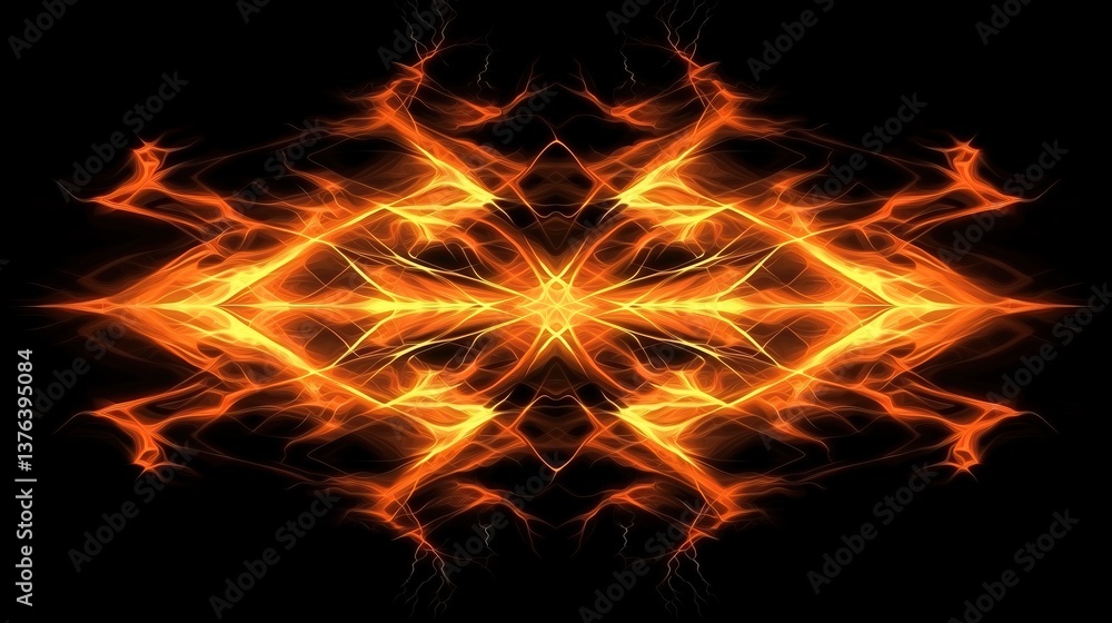 Fototapeta premium Fiery abstract symmetrical design featuring vibrant orange and yellow energy filled illustration