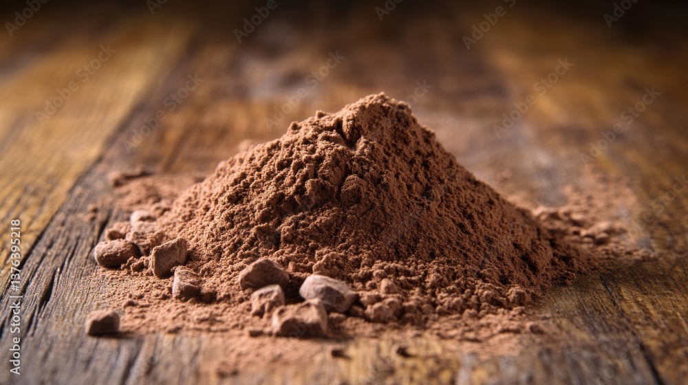 Chocolate Protein Powder Heap on Wooden Surface Chocolate Protein Powder Heap on Wooden Surface