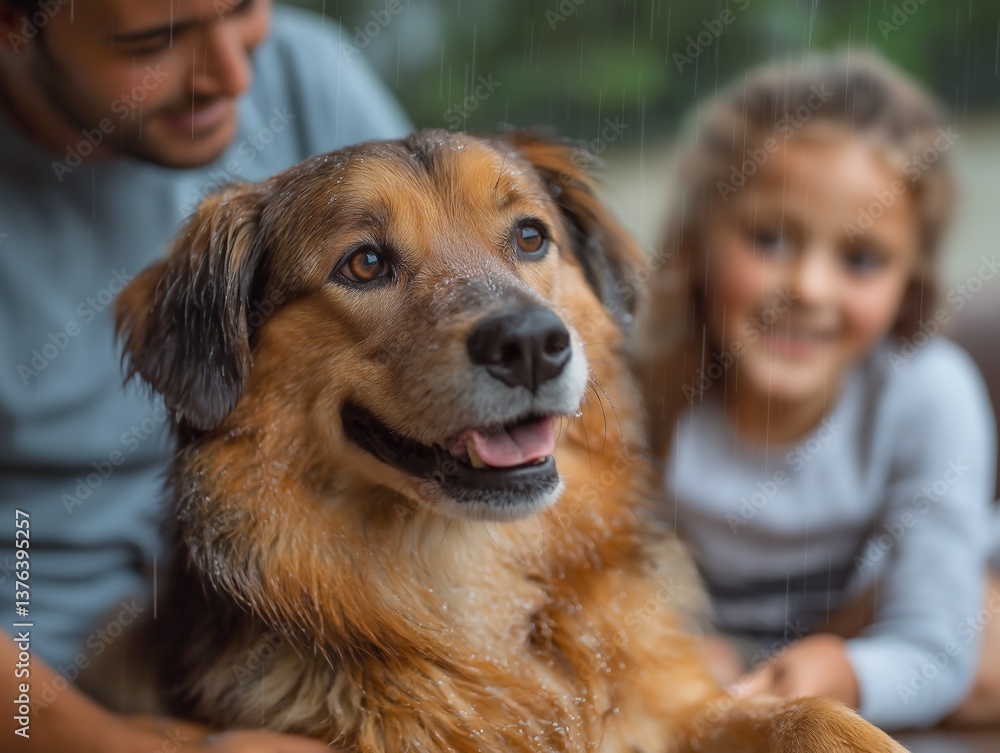 Smiling Dog and Family Playing Indoors: Joyful Companionship and Bonding Between Pet and Owner Smiling Dog and Family Playing Indoors: Joyful Companionship and Bonding Between Pet and Owner