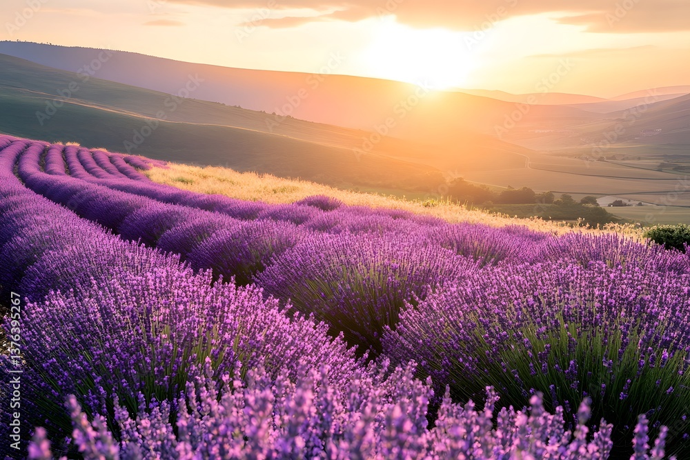 Obraz premium Lavender Field at Sunset with Vibrant Purple Blooms and Hills