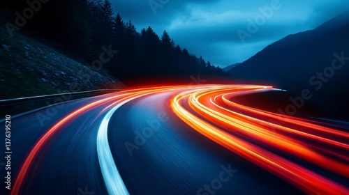 Driving at Night on Winding Mountain Road with Light Trails