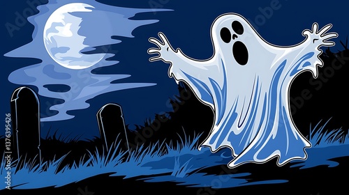 Ghostly apparition rising in cemetery under moonlight, spooky background. Illustration for Halloween