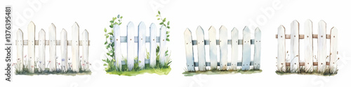 Watercolor set of white wooden fences. White wooden fences for fencing a yard, garden, flower beds, farmsteads, etc. Fencing elements. Vector illustration.