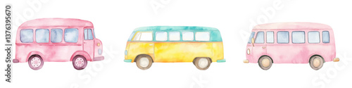 Watercolor set of cute cartoon minivans. Watercolor minibus in cartoon style on a transparent background. Concept of road, travel, trip. Car transportation. Vector illustration.